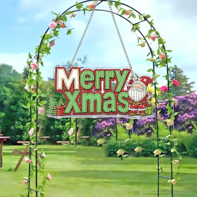 LOMSIOY Diamond Art Hanging Kit for Adult, Christmas Front Door Sign Window Decor for Outdoor, Santa Claus Double Sided Summer Decor Suncatcers for Porch, Hanging Pendants for Garden Wall （8x8 Inch