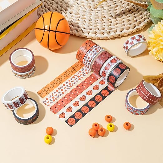 Sports Theme Washi Tape - Basketball Hoop Net Heart Bow Pattern Premium Acid Free Repositionable Adhesive Paper for Scrapbooking Gift Wrapping Journaling DIY Crafts Sports Fan Supplies