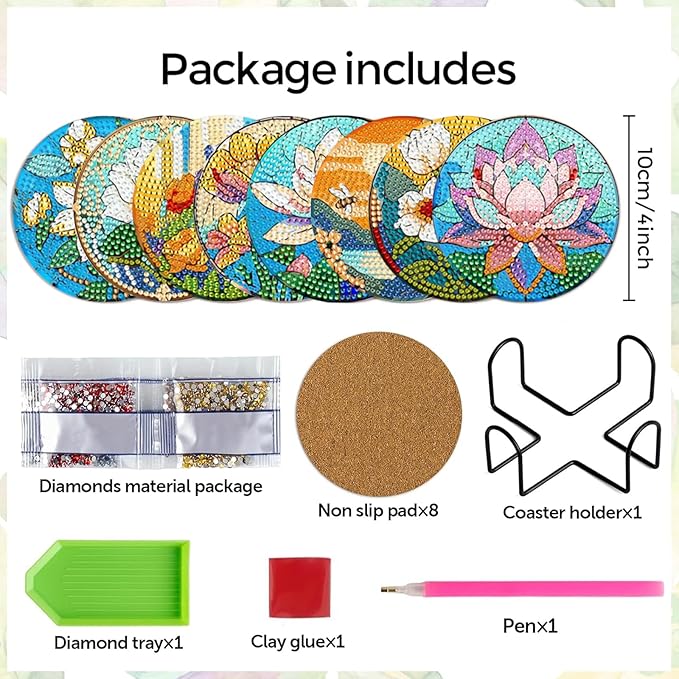 EWJRNSF 8 PCS Small Diamond Art Coasters Kits, Diamond Painting Coasters, Fall Diamond Art Kits for Adults Beginners, Arts and Crafts Item Sets with Holder for Drinks Flower Style
