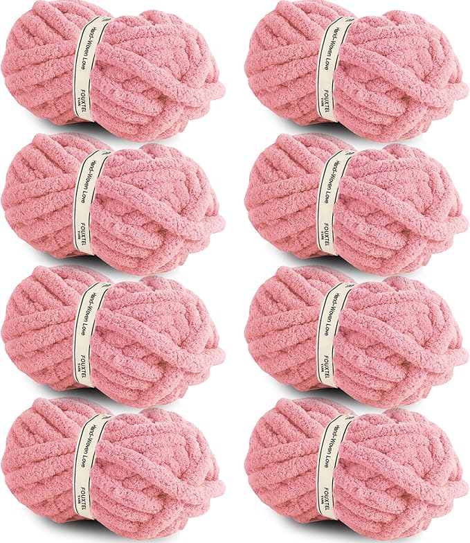 8 Jumbo Packs Chunky Chenille Yarn for Crocheting, 31.7 yds, 8 oz Each Skein Bulky Thick Fluffy Yarn for Knitting, Super Bulky Chunky Yarn for Hand Knitting Blanket, Soft Plush - Pink