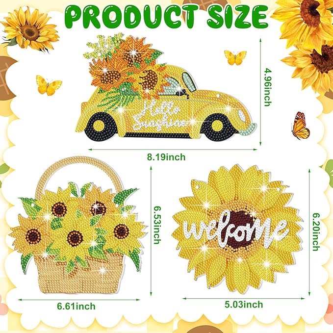 Menkxi 3 Pcs Sunflower Theme Diamond Hanging Kit for Adult DIY Sunflower Painting Diamond Art Flower Crystal Rhinestone Welcome Spring Door Sign Window Wall Hanging Kit Ornament Home Window Decor Gift