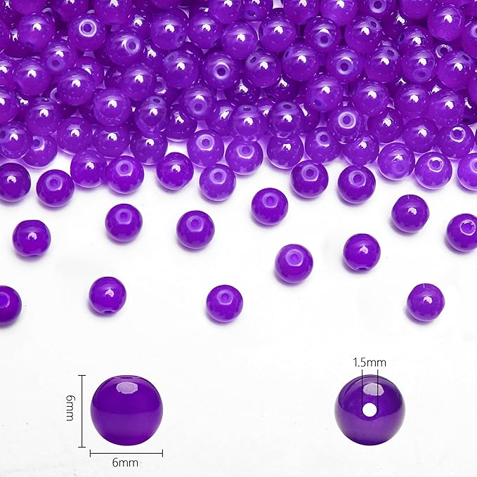 300PCs 6mm Deep Purple Jade Glass Beads Bulk, Round Smooth Hole Glass Crystal Beads for Jewelry Making, DIY Bracelets, Necklaces, Bag Charms, Keychains and Craft Projects
