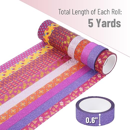 Mr. Pen- Washi Tape Set, 10 Rolls, 15mm Wide, 5 Yards/Roll, Summer Fiesta Design (Glitter, Silver & Gold Foil), Washi Tape for Journaling