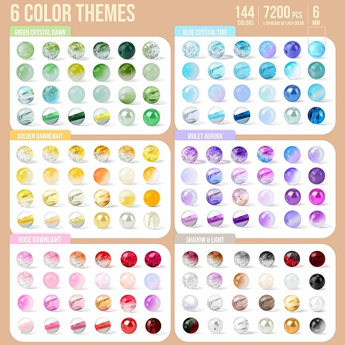 7200PCS 6mm Glass Beads Bracelet Making Kit, 144 Colors Assorted Crystal Beads for Bracelets and Jewelry Making, Round Crackle Glass Beads for DIY Necklace Friendship Bracelets Earring Crafts