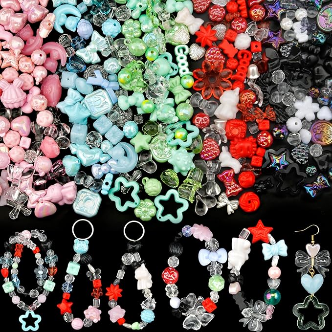ABONDEVER 245-300Pcs Assorted Acrylic Beads for Bracelets Making kawaii Star Bow Flower Candy Heart Gummy Bear Butterfly Aesthetic Beads for DIY Jewelry Crafts Keychain Necklace Phone Charms(5 Colors)