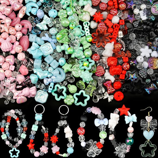 ABONDEVER 245-300Pcs Assorted Acrylic Beads for Bracelets Making kawaii Star Bow Flower Candy Heart Gummy Bear Butterfly Aesthetic Beads for DIY Jewelry Crafts Keychain Necklace Phone Charms(5 Colors)