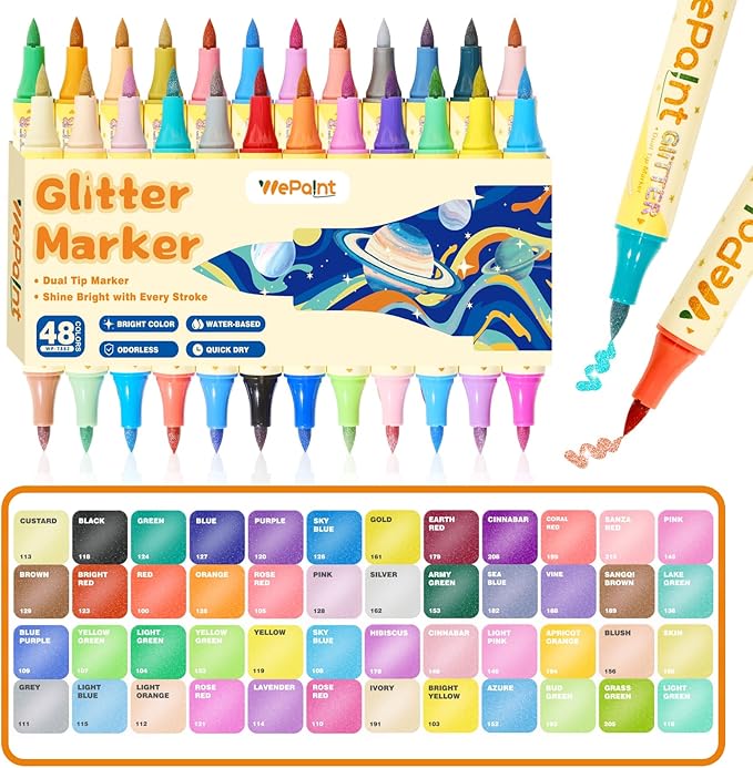 WePaint 48 Colors Glitter Markers, 24 Pack Dual Tip Glitter Brush Pens, Shimmer Pens Water-based Ink, Glitter Paint Pens for Adults DIY Crafts, Card Making, Coloring Books, Writing, Scrapbooking