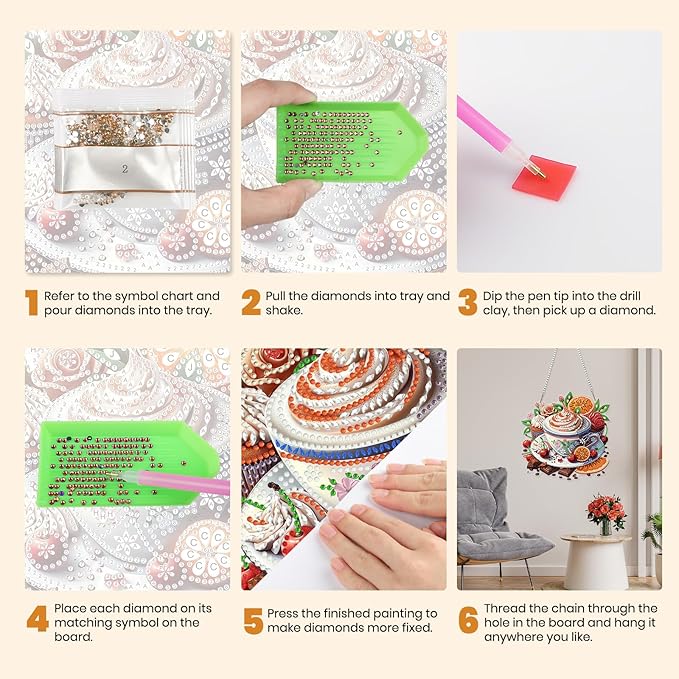 MXJSUA Fruit Coffee Diamond Art Hanging Kits for Adults Beginners, DIY Acrylic Special Shaped Crystal Diamond Gem Drills Pendant Art Painting Ornament for Home Wall Decor Gift