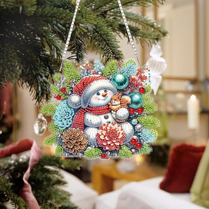 Auremi Snowman Diamond Art Painting Pendant Kits with Chain,5D Christmas Diamond Art Hanging Kit DIY Diamond Crystal Window Door Hanging Pendant Kit for Adults Gift Wall Decor