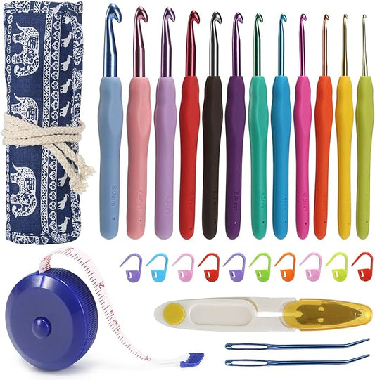 YOJOB Crochet Hooks Set (12 Sizes), Super Smooth 2.0mm-8.0mm Ergonomic Soft Grip Crochet Needle Kit with Accessories and Crochet Case