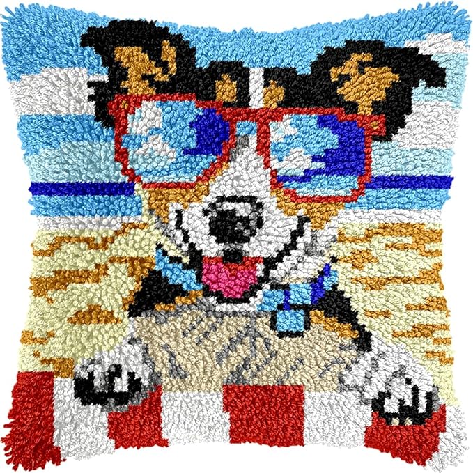 veirousa Beach Dog Latch Hook Kits for Adults Kids, Beginners DIY Throw Pillow Kit Pre-Printed Pillowcase Hook and Latch Rug Kits Needlework Cushion Cover for Home Sofa Decoration 17x17 inch