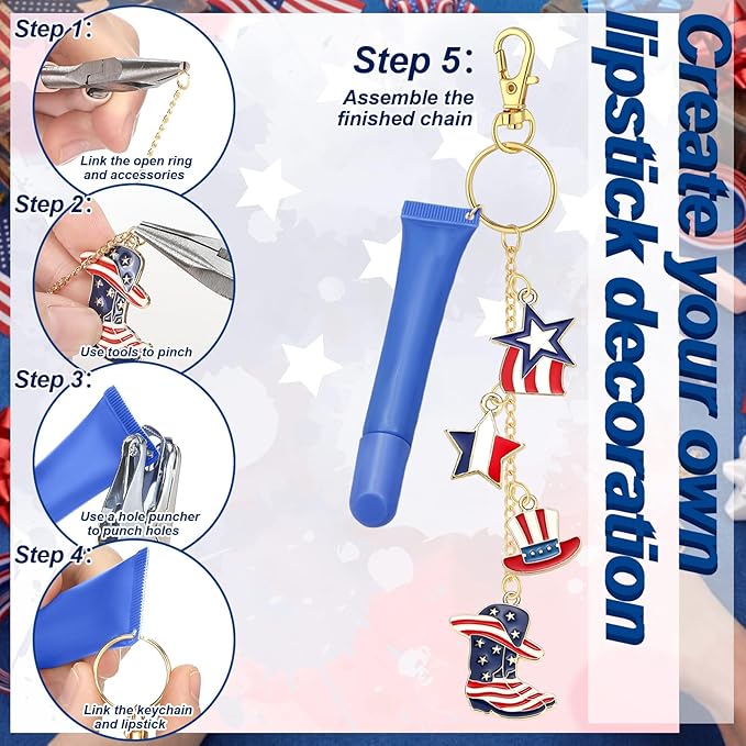 VioraWhite 213 Pcs 4th of July Lip Gloss Keychain Making Kit 250th Anniversary 100 Red White Blue Enamel Charms 32.81 ft Chains for Independence Day Patriotic Decorations DIY Crafts Women