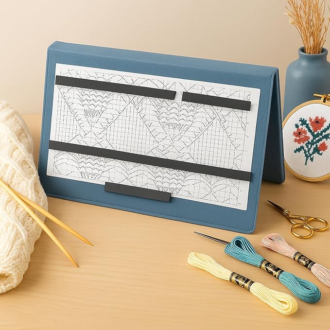 Flutesan 1 Pcs Blue Knitting Pattern Holder, Fold up Cross Stitch Knitting Chart Keeper with 4 Pcs Replacement Magnets, Cross Stitch Accessories Supplies, Unfolded Size 13.2 x 9 Inch