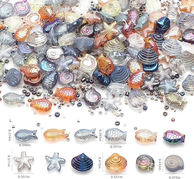 650pcs Starfish, Shell, Snails, Fish Glass Beads for Jewelry Making - Ocean Themed Colorful Star Beads for Bracelet, Loose Spacer for DIY Craft Earrings Necklaces