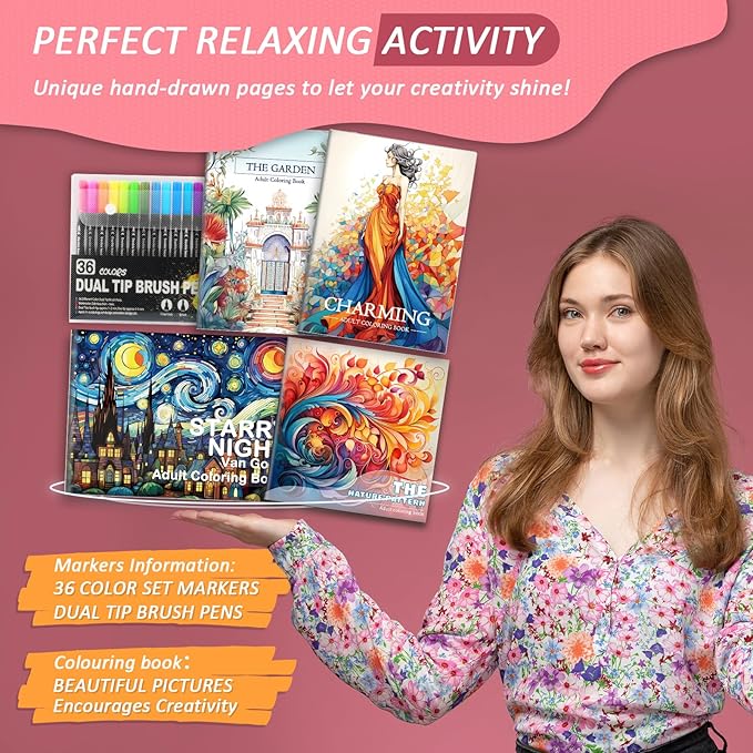 Adult Coloring Books for Women Relaxation, 4Pcs Mindfulness Coloring Books for Women with 36 Colors Markers, 36 Dual Tip Colors Markers(Brush and Fine Point), Anxiety Relief Mindfulness Gift
