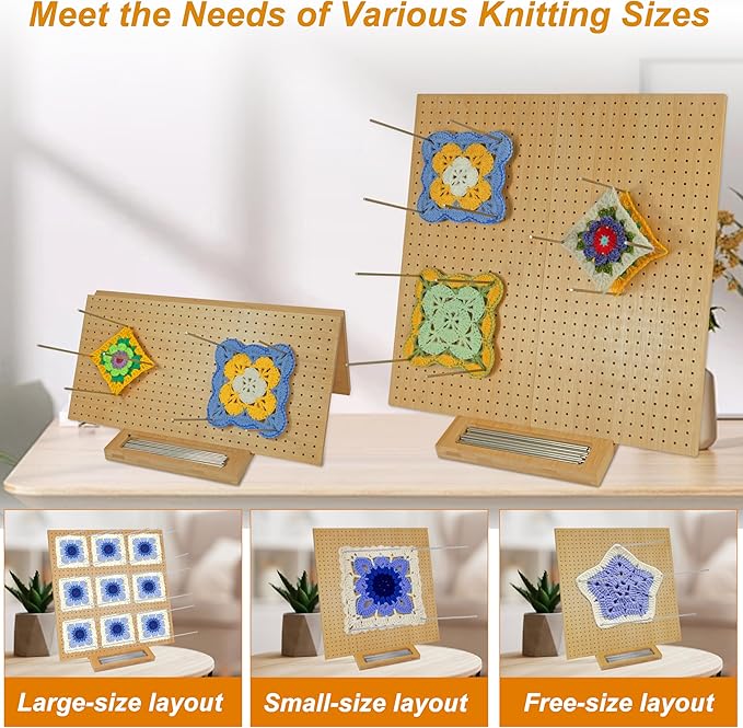 15.5" x 15.5"Foldable Crochet Blocking Board with Pins,Granny Square Blocking Board,Blocking Mats for Knitting with 35 5.9"Stainless Steel Rod Pins,Bamboo Crocheting Accessories Gifts for Crocheters
