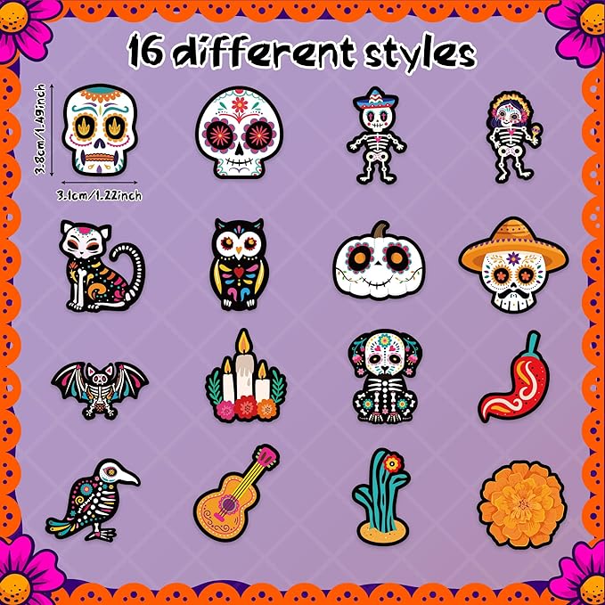 beyumi sugar skull roll stickers - 1000pcs day of the dead stickers in 2 rolls dia de los muertos sugar skull waterproof vinyl decals halloween mexican festival party supplies classroom decor