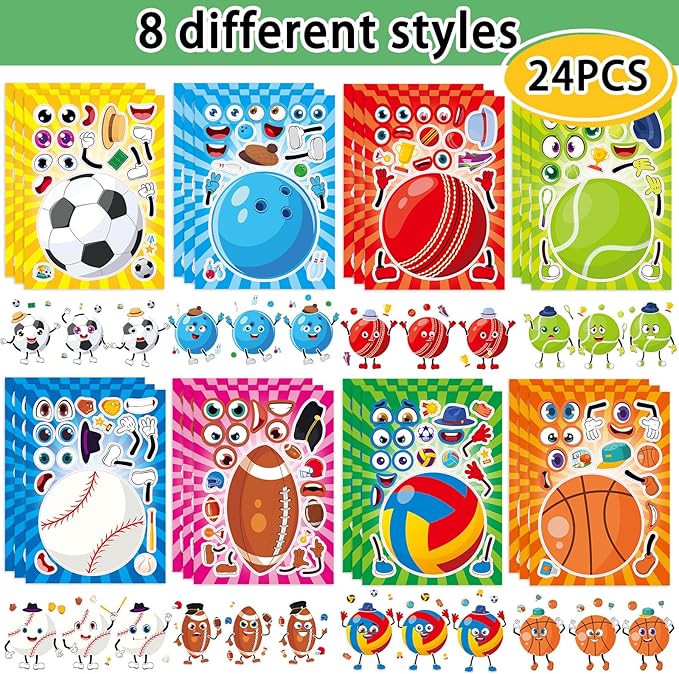24 sheets 8.27''×5.9'' make your own sport ball stickers for kids toddlers, make a face stickers for kids party favors activities