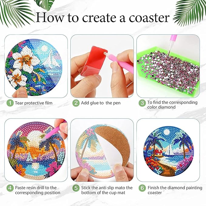 EWJRNSF 8 PCS Diamond Art Coasters Kit, Small Diamond Painting Coasters, Fall Beach Diamond Art Kits for Adults Beginners, Arts and Crafts Supplies Item Sets with Holder