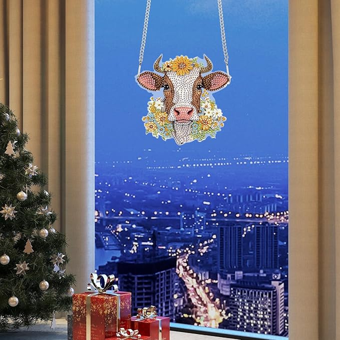 AiYuanzsh Cow Diamond Art Hanging Pendant Kit, 5D DIY Acrylic Crystal Rhinestones Diamond Painting Ornament, Wall Door Window Decoration, Handmade Craft Gift for Adults