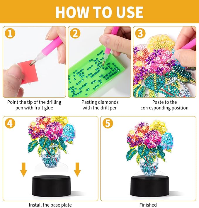 ALKALO Diamond Painting Night Light, Diamond Painting Kits for Adults Desktop Ornaments for Table Tabletop Decor Diamond Art Accessories for Adult Beginner Touch Lamp for Bedrooms Living Room- Flower