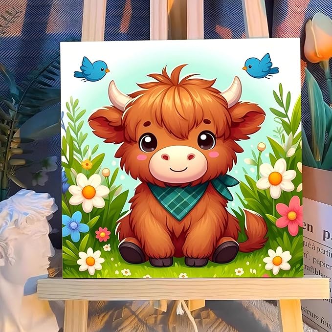Reivworl Paint by Numbers Kit for Kids with Frame and Easel, Cow Paint by Number for Kids Age 6-8-12, Acrylic Paint by Numbers for Gifts and Home Decor (8X8inch)