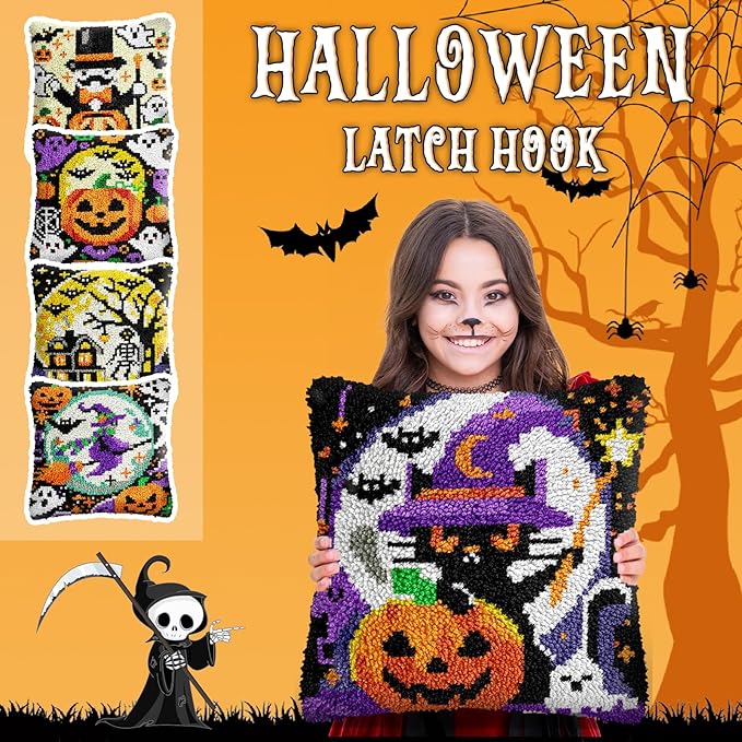 Halloween Flying Witch Latch Hook Kits for Adults Kids, Beginners DIY Latch Hook Pillow Kit Pre-Printed Hook and Latch Rug Kits Cross-stitch Embroidery Cushion Cover for Home Sofa Decoration 17x17 in