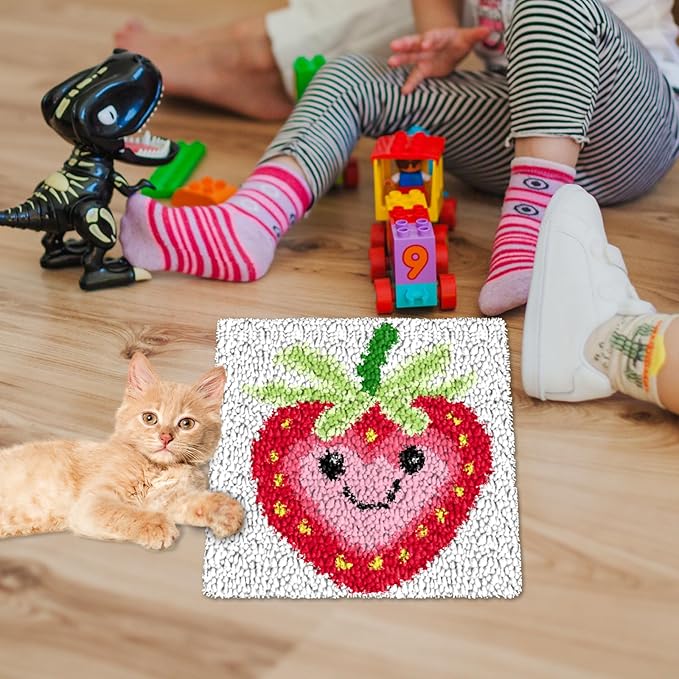 YP Strawberry Smiley Face Latch Hook Kit for DIY Craft Lovers - 12x12 Inch Crochet Rug Making Set, Fun & Creative Home Decor Needlework Project for Beginners