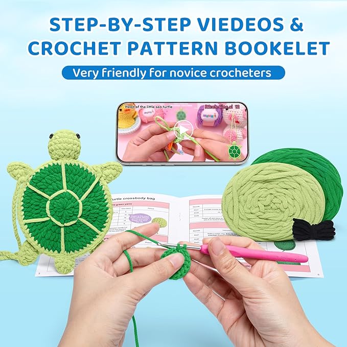 Mewaii Crochet Kit for Beginners Level 2 with 40% Extra Eco-Friendly Pre-Started Easy Yarn, Step-by-Step Video Tutorials for Adults and Kids (Turtle Crossbody Bag)