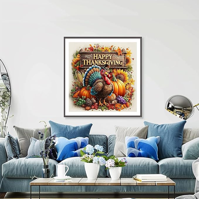 DIYDECORFUN Thanksgiving Turkey Diamond Painting Kits for Adults, 5D Fall Diamond Art Kits for Beginners, Full Round Drill Diamond Dot Painting Gem Art Kits,Home Wall Decor 13.8x13.8 Inch