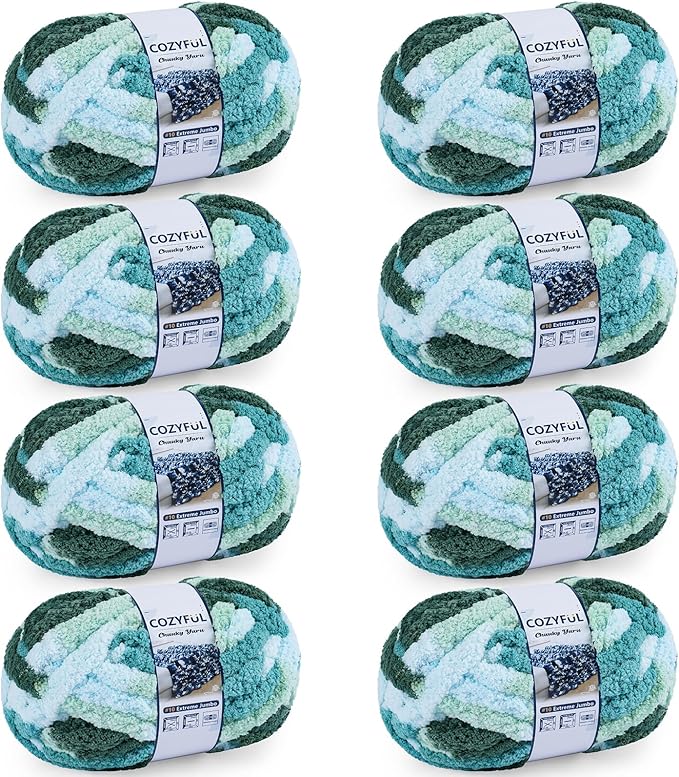 Chunky Yarn for Hand Knitting - #10 Chunky Chenille Blanket Yarn, Jumbo Big Thick Chunky Yarns for Crocheting, Tie Dye Bulky Knit Yarns, 8 Skein (25 yds 8 oz Each Skein), Forest&Teal&Sky&Mint