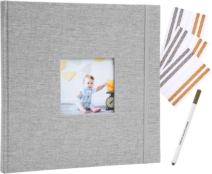 Scrapbook Album, 10"x10" DIY Photo Album with Square Window Linen Cover Kraft Paper 32 Sheets, Stylish Memory Book for Wedding, Anniversary, Family, Travel, Grey