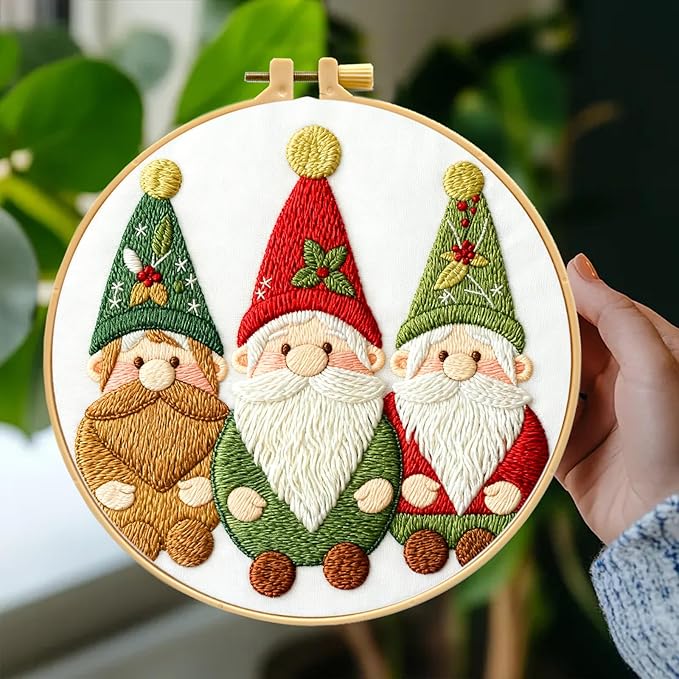 Zhenqing 3 Gnomes Embroidery Kit for Beginners - 29x29cm Printed Fabric, Hoop & Full Tools Included (C0028)