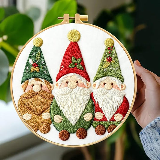 Zhenqing 3 Gnomes Embroidery Kit for Beginners - 29x29cm Printed Fabric, Hoop & Full Tools Included (C0028)