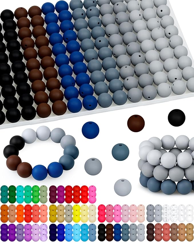 160pcs fiveizero 15mm silicone beads for keychain making - mixed color round rubber beads bulk, diy craft supplies for bracelets necklaces pens(black)