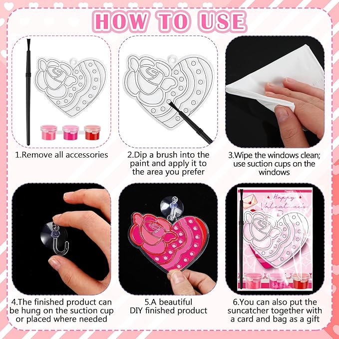 Geelin 24 Sets Valentine's Suncatcher Craft Kit DIY Window Art Suncatchers Heart Shaped Sun Catchers Valentine's Day Ornaments for Gifts Home February Decor Party Favors