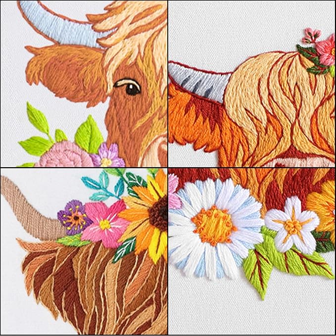 louise maelys 3 sets embroidery kits for beginners,cross stitch kit for adults,starters diy needlepoint including hoop -highland cow and florals pattern