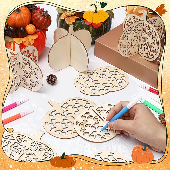 Blosssound 48 Pcs Fall Craft Set 36 Wood Pumpkin Crafts 3D Pumpkin Cutouts with 12 Colored Markers Wooden Unfinished Slices to Paint for Thanksgiving Autumn Harvest DIY Handmade Tiered Tray Decor