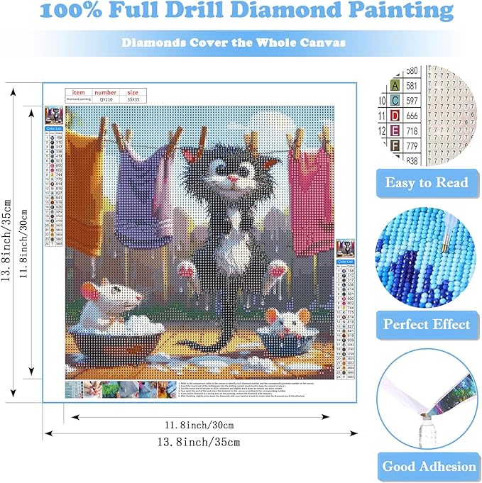 DIY Funny Black Cat Diamond Art Kits for Adults, Cute Cats Diamond Painting Kits for Beginners, Animals Diamond Dot, Small Dimond Art Paintings Kit, Full Drill Gem Painting, Home Wall Decor 14x14inch