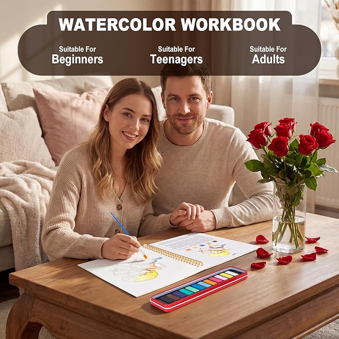 Metyond Valentine's Day Watercolor Workbook - Watercolor Coloring Book with 1 Workbook 12 Colors Paint Set with Brush, Beginner Friendly Watercolor Workbooks Set Valentine's Day Gift for Adults Teens