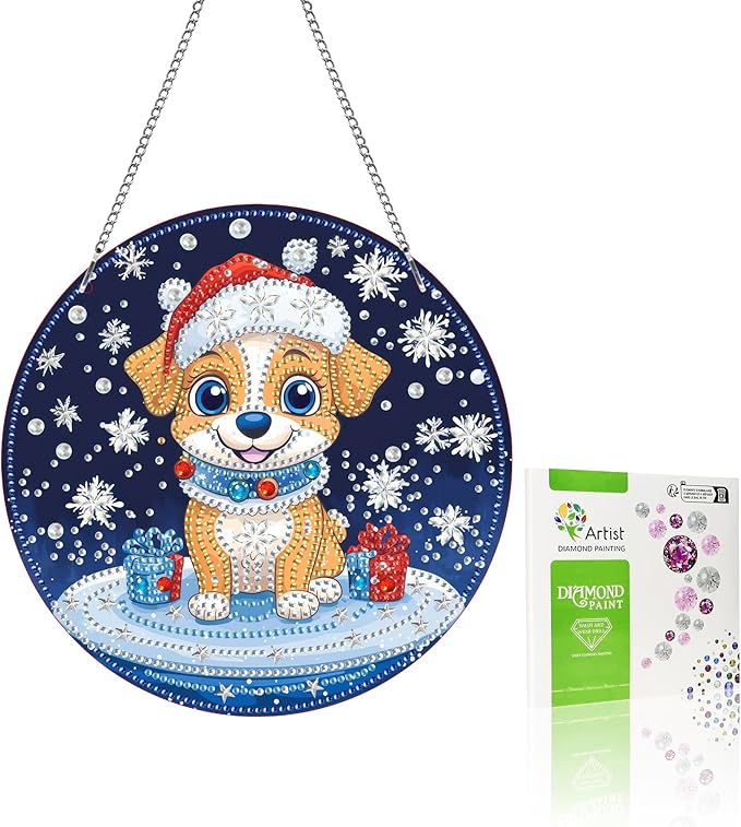 VAIIEYO Christmas Diamond Art Hanging Ornament, Dog Diamond Painting Suncatchers Window Hanging Kit with Chain, 7.5x7.5 inch Crystal Pendant Art Craft for Gift Home Wall Front Door Decoration