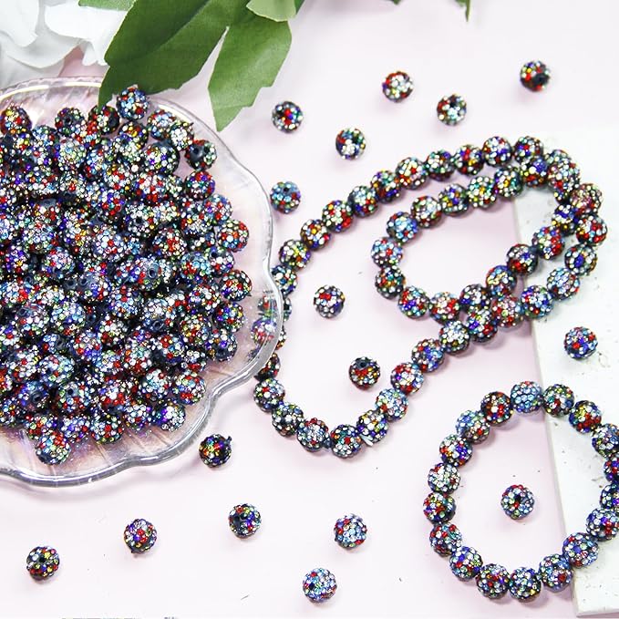 150 Pcs 10mm Rhinestone Beads for Jewelry Making, Black Color Shiny Round Shamballa Disco Baseball Necklace Beads Sparkle Crystal Clay Pave Rhinestones Bead for DIY Bracelet Earring Making Supplies