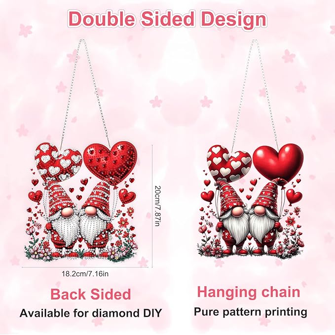Valentine's Day Diamond Art Hanging Ornaments Kits for Adults, Gnome Diamond Painting Pendant Kits, DIY Acrylic 5D Special Shaped Crystal Gem Art Painting Ornament for Home Wall Decor Gift 8x8 Inch