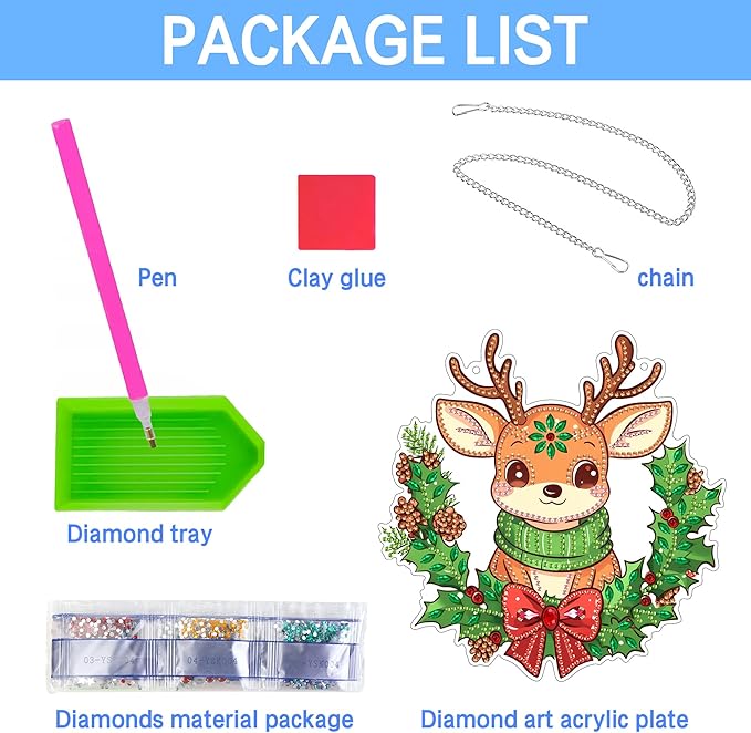 VAIIEYO Christmas Diamond Art Hanging Ornament, Deer Bowknot Diamond Painting Suncatchers Window Hanging Kit with Chain, 7.5x7.5 inch Crystal Pendant Art Craft for Gift Home Wall Front Door Decoration
