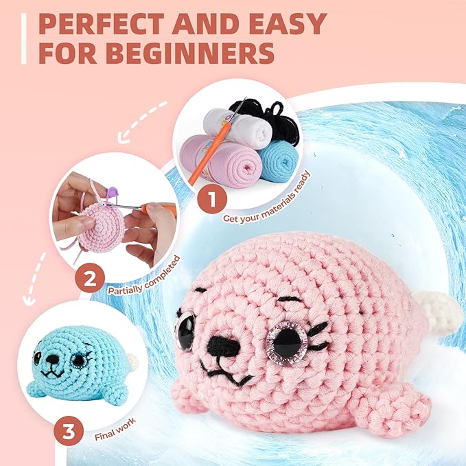MOREJMTT Crochet Kit for Beginners, Learn to Crochet, Include Easy Knitting Soft Yarn, Step-by-Step Video Tutorial, Hook, Holiday Birthday Gift for Adults (Pink Seal& Blue Seal)