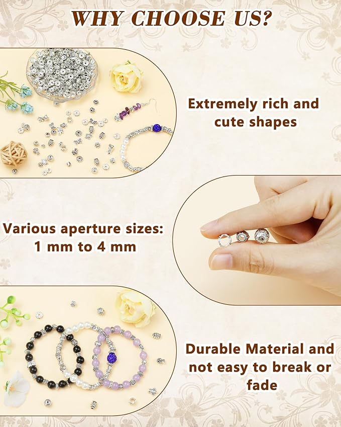 309Pcs FIVEIZERO Antique Silver Spacer Beads for Jewelry Making, Assorted Bulk Styles Tibetan Metal Beads & 6mm, 8mm Rondelle Spacer for Bracelets, Necklace, Earring Jewelry Making