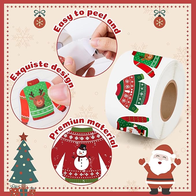 beyumi christmas sweater shaped sticker - 1000pcs christmas sweaters stickers in 2 rolls winter adhesive cute funny wintertime pullover sweater decal holiday party favor tag gift bottle decor for kids