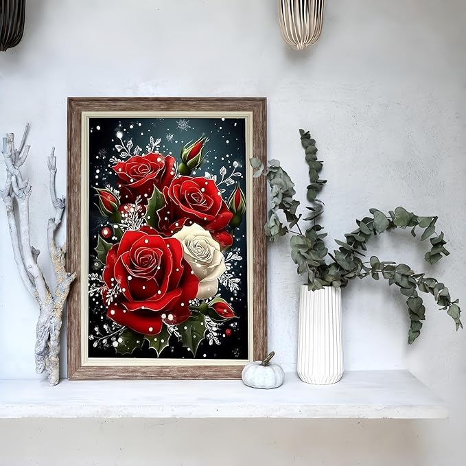 Diamond Art Kits for Adults Elegant Red Roses Snowflakes, DIY 5D Diamond Painting Kit for Beginners, Full Round Drill Gem Art Dots for Adults, Diamond Dots Paintings Crafts Home Wall Decor 12X16 Inch