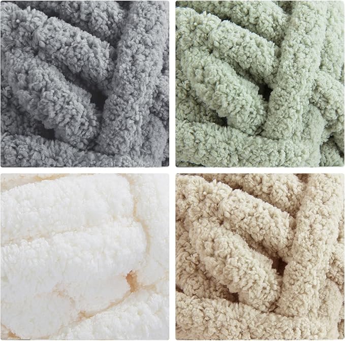 MABOZOO Assorted Chunky Yarn for Crocheting 8 Pack,Fluffy Jumbo Chenille Yarn,Soft Plush Yarn Bulky,Giant Thick Fuzzy Yarn for Hand or Arm Knitting,Cream & Khaki&Sage&Grey(31.7 yds,8 oz Each Skein)