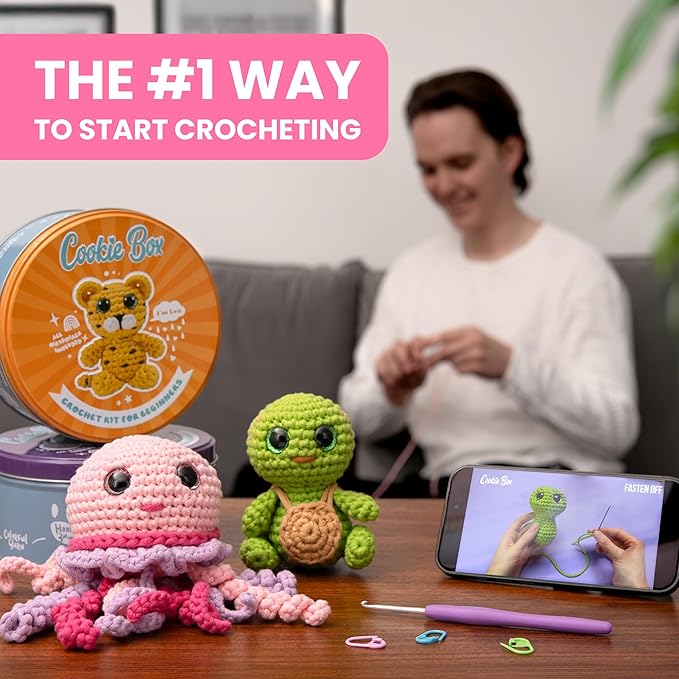 Cookie Box Original Crochet Kit for Beginners – Gift Set to Make Bear Ted Amigurumi Plushie – Easy DIY Crochet & Knitting Starter Kit with Video and PDF Tutorials
